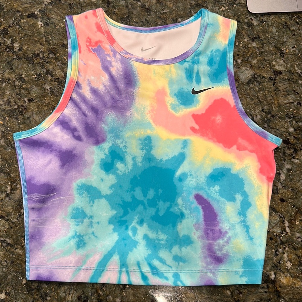 Nike fitted for-fit cropped tank, small, tie-dye